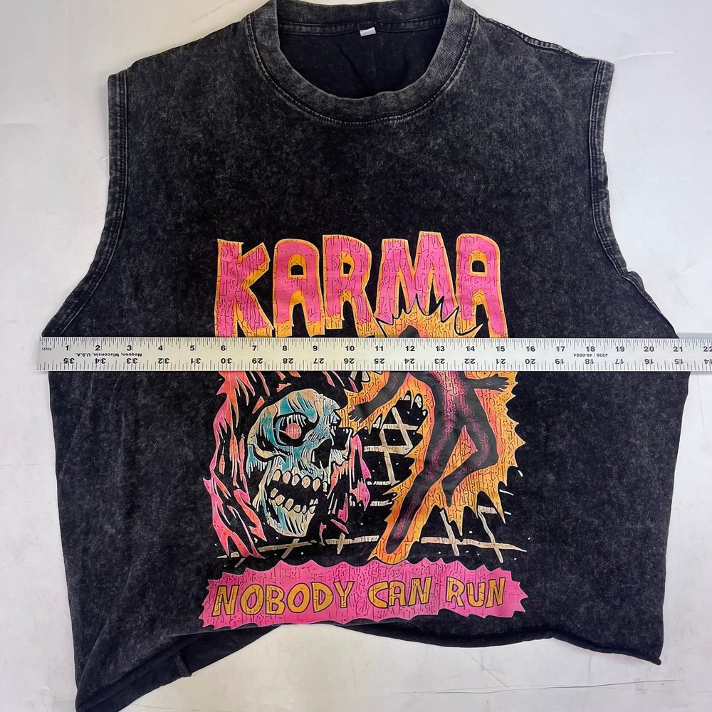 Karma Nobody Can Run Graphic Muscle Tee Acid Wash Black Raw Hem Large - Picture 11 of 13